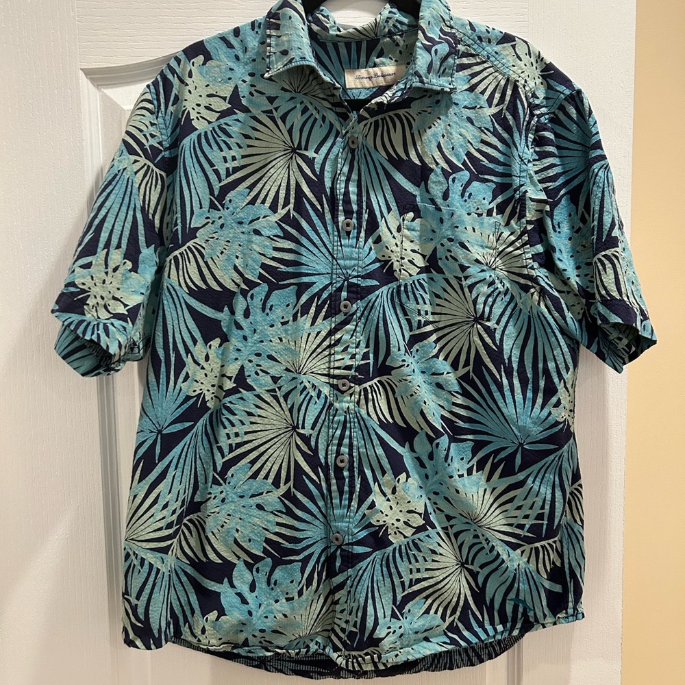 Tommy Bahama Blue and Green Leaf Print Shirt